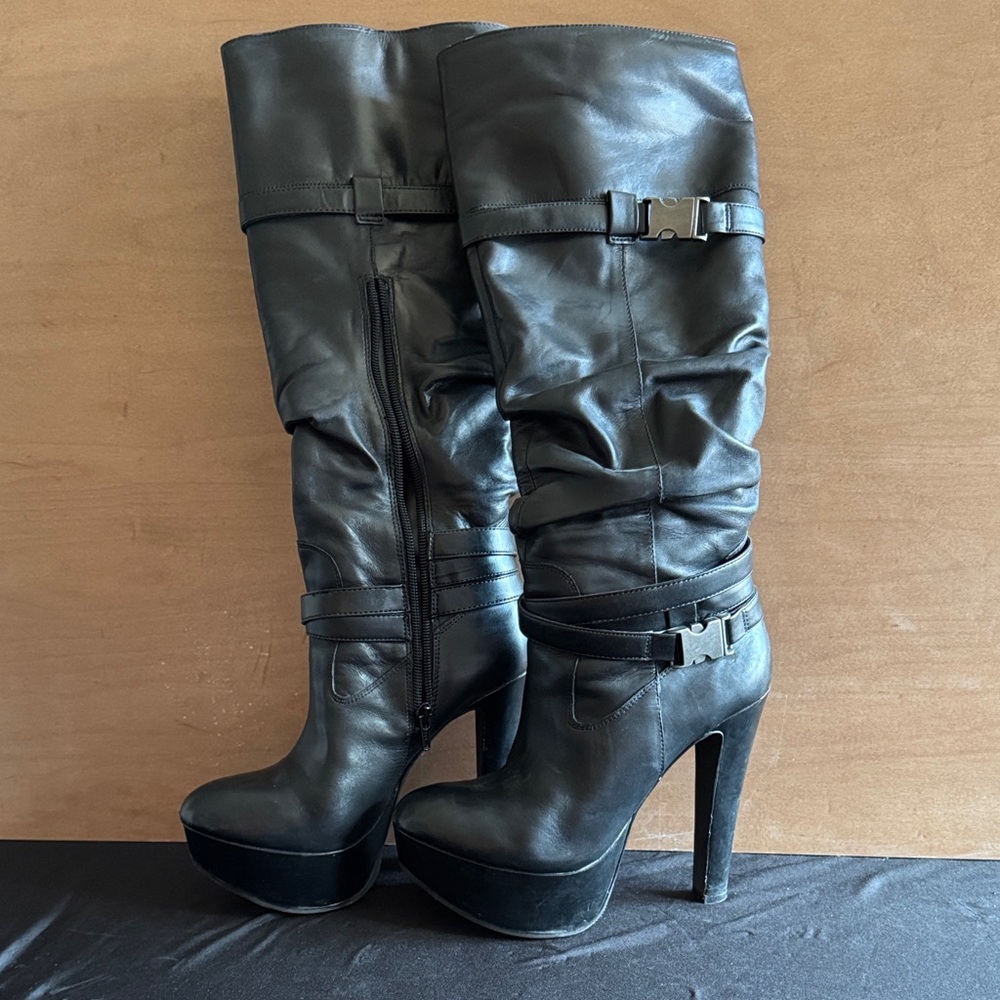 Jessica Simpson Knee High Black Platform Heel Boots with Buckle Detail